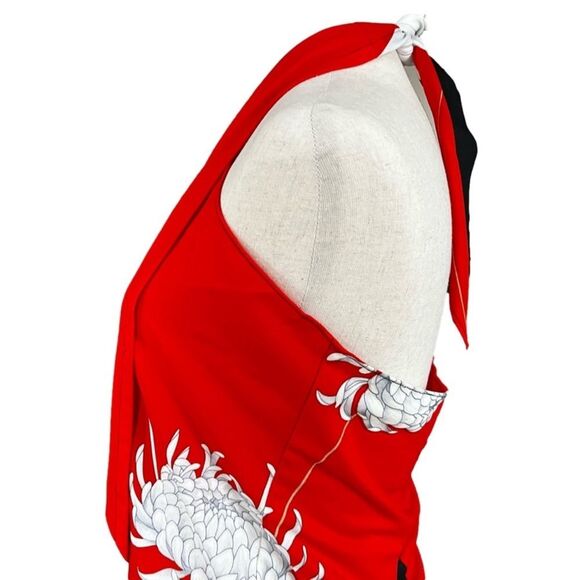 VTG 70s Red & Black Floral Malihini Hawaiian Beach Sarong Halter Maxi Wrap Dress - Picture 4 of 9